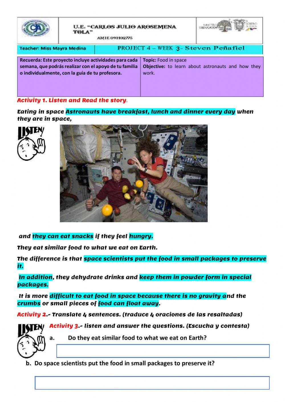 Food in space worksheet Biology Diagrams