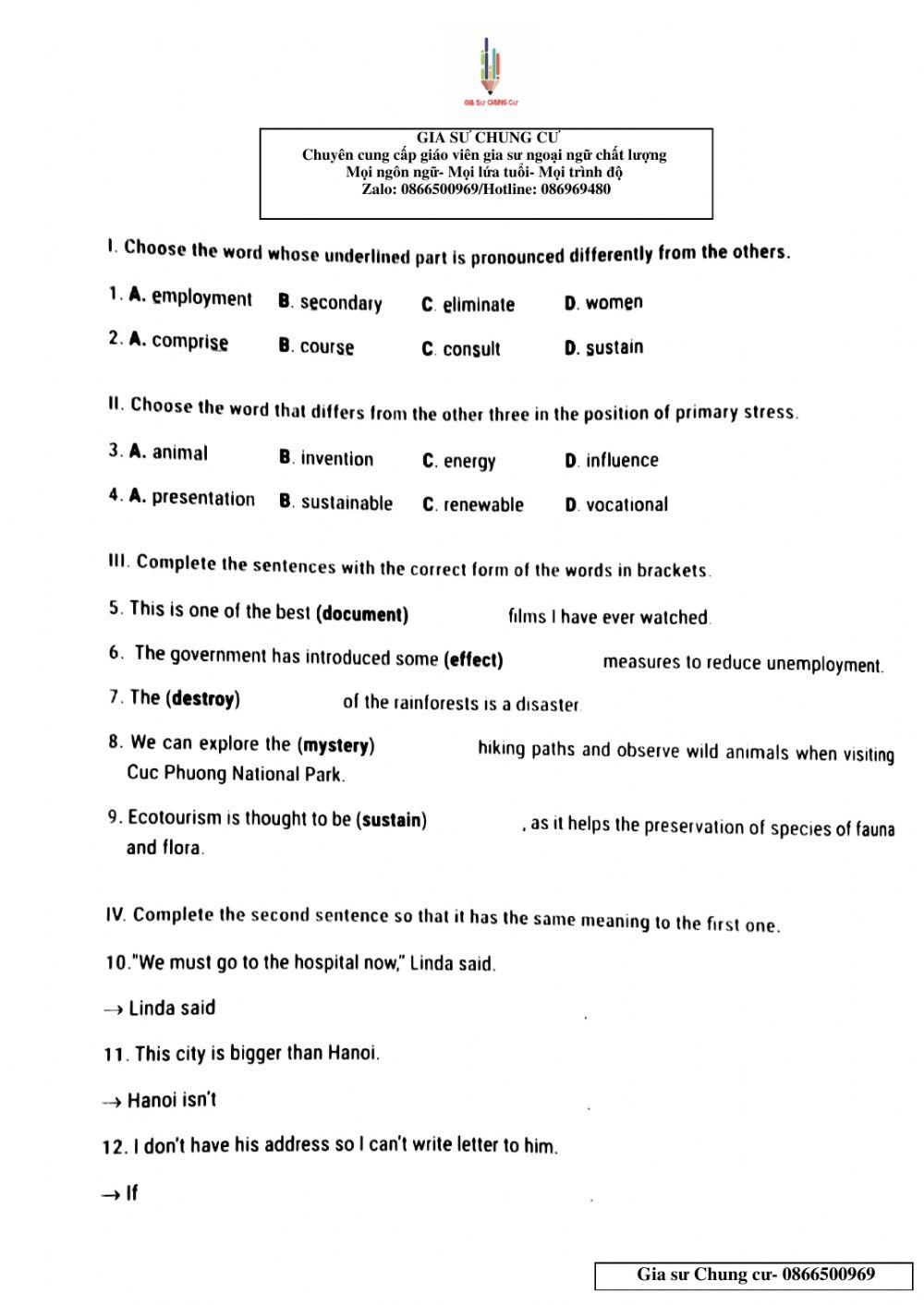 Lớp 10 - Kiểm tra 15p lần 3 Unit 8,9