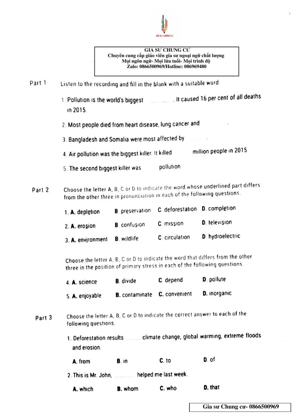 Lớp 10- Kiểm tra 45p lần 1 Unit 8,9