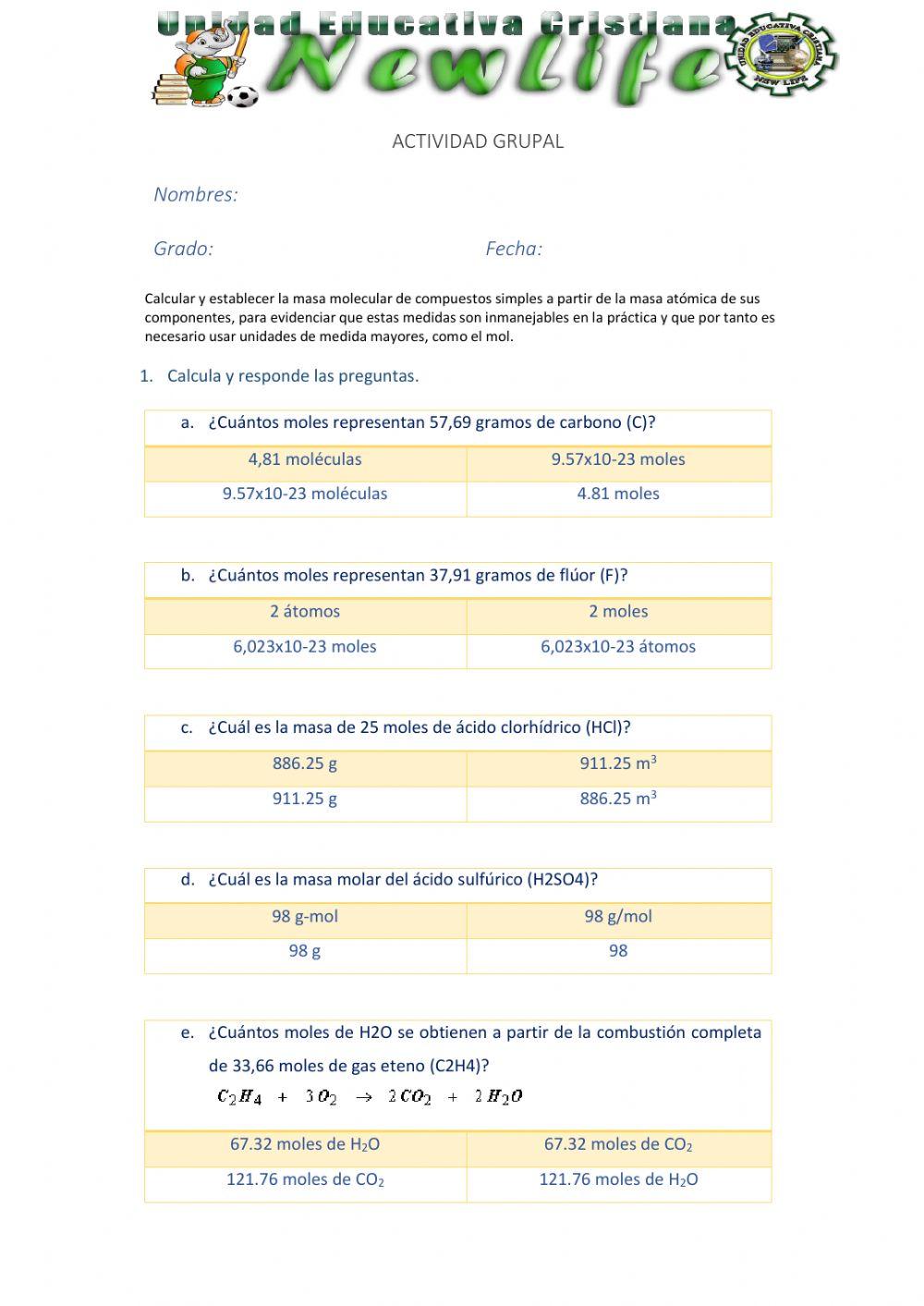 Actividad de evaluación - Química 2do