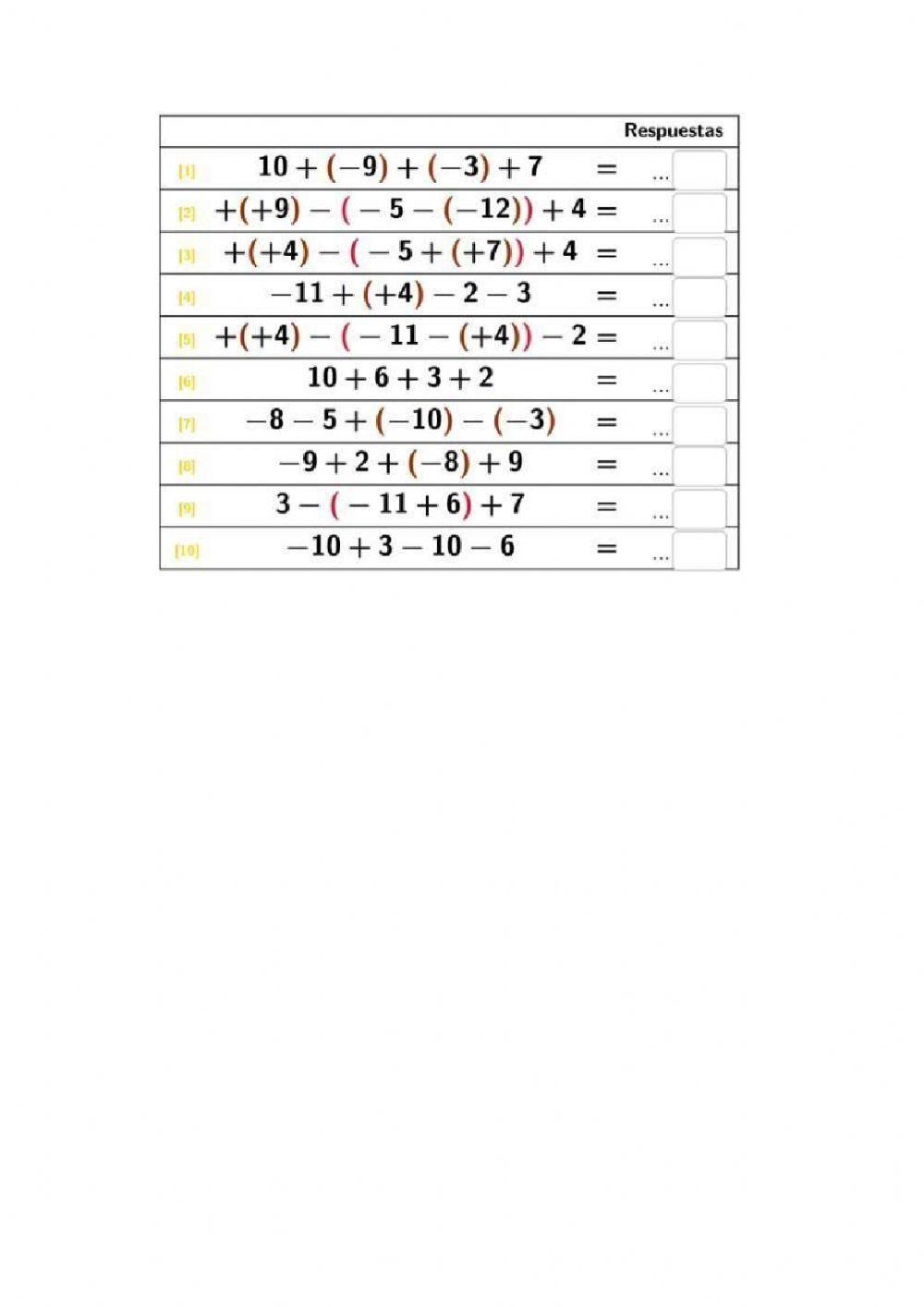 Sumas y restas de enteros con paréntesis