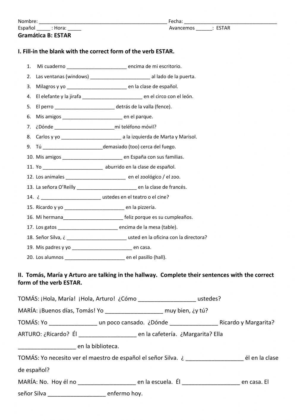 ESTAR SPANISH Grammar A