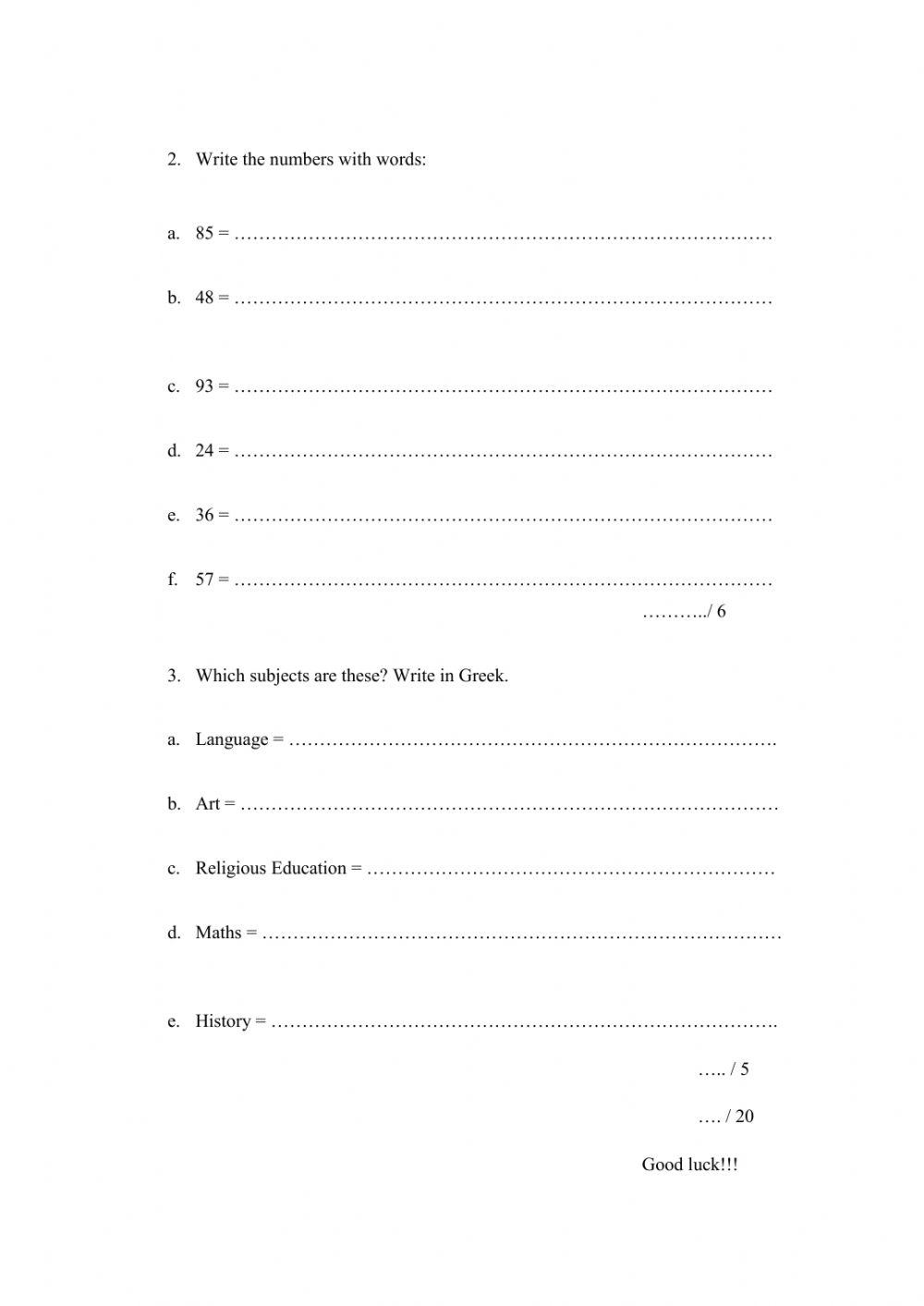 4th grade - Test on Unit 1 (school book)