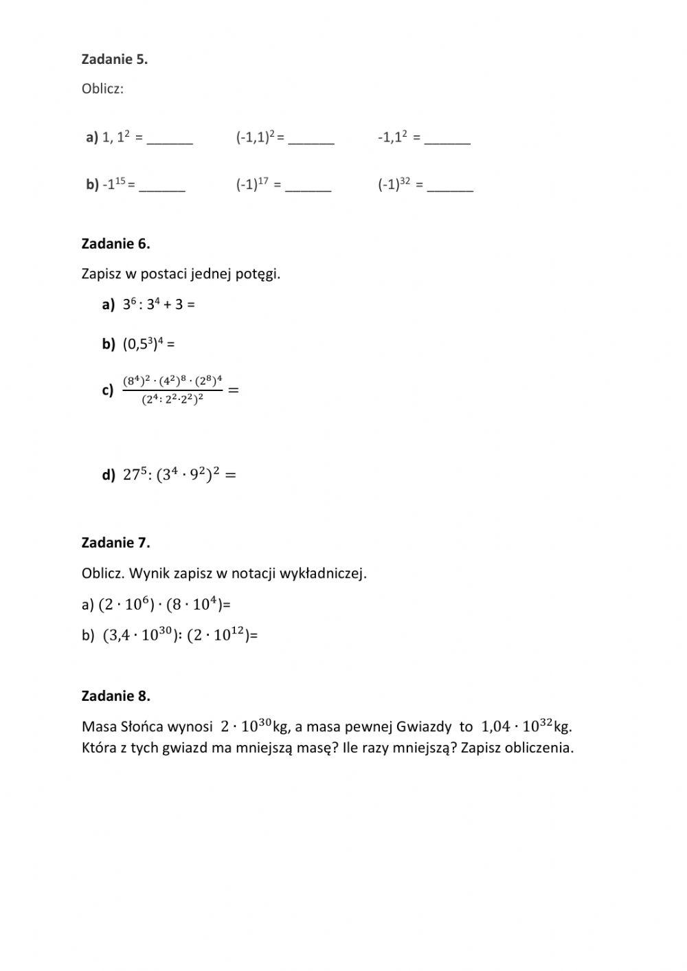 Potęgi - sprawdzian