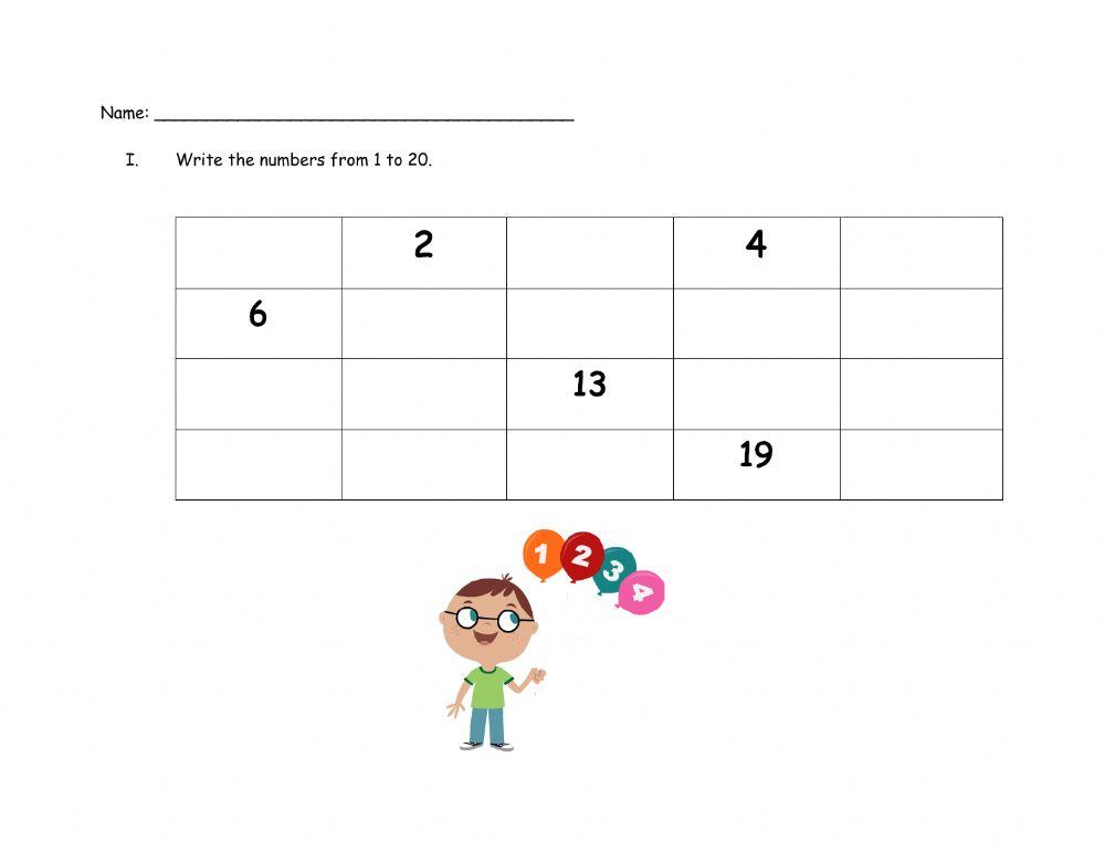 Numbers writing from 1 to 20