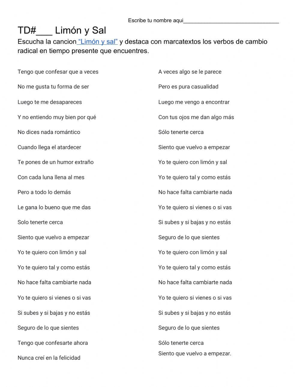 Limón y Sal Verbos de cambio radical worksheet Live Worksheets