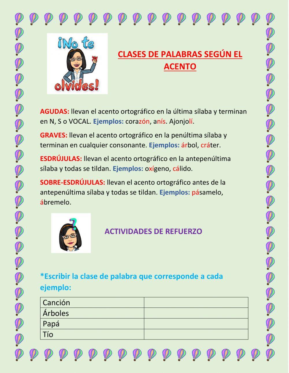 Clases de palabras según el acento Clases de palabras según el acento
