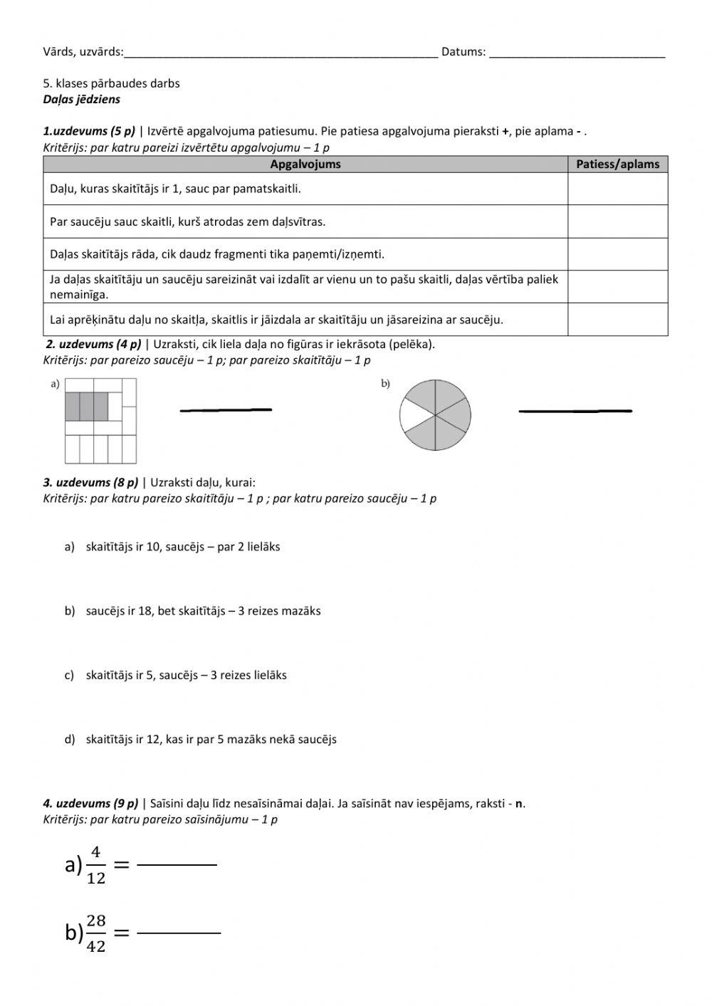 Daļas pamatīpašīpa. Pārbaudes darbs