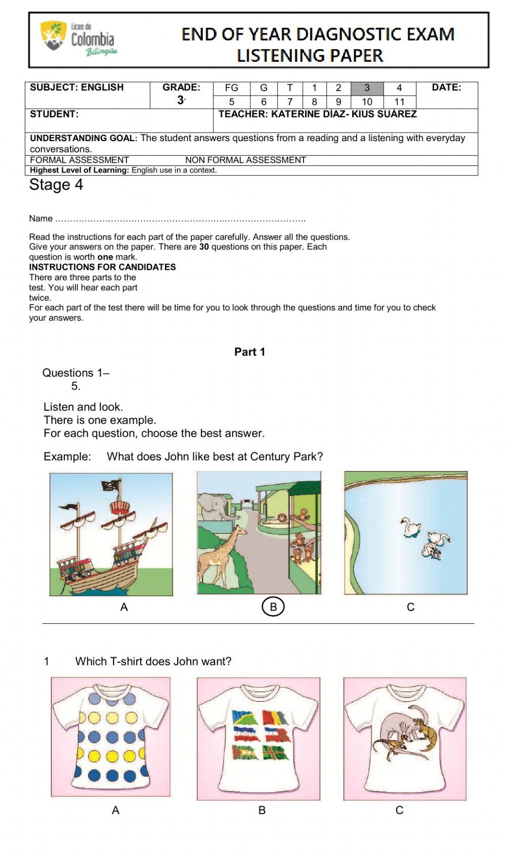 END OF THE YEAR DIAGNOSTIC EXAM LISTENING 3RD GRADE