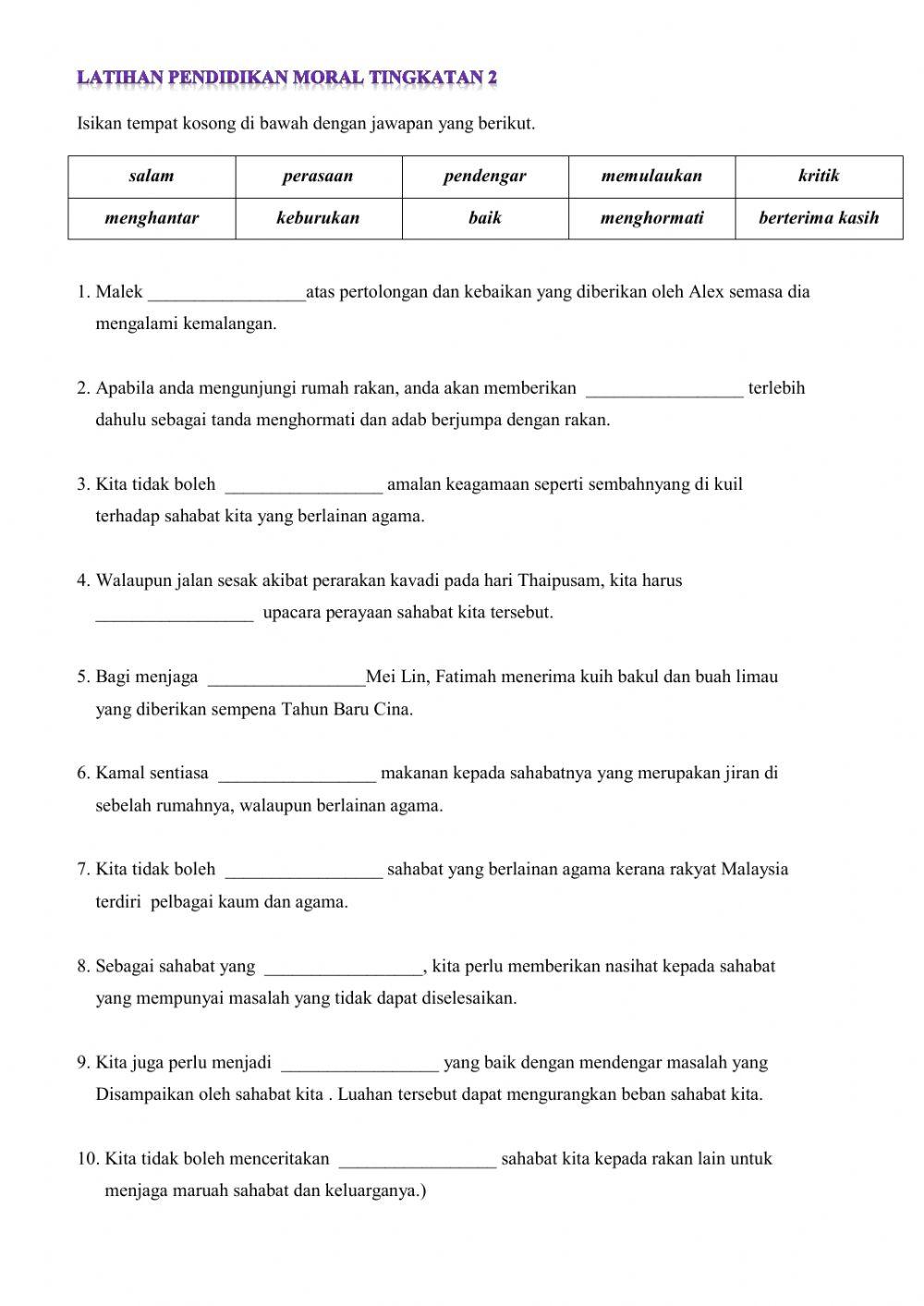 Latihan pendidikan moral tingkatan 2