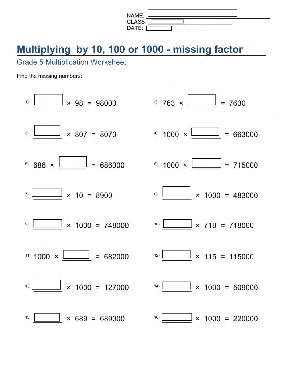 Multiplication Par 10 100 Et 1000 Multiplying by 10, 100 and 1000 worksheet | Live Worksheets