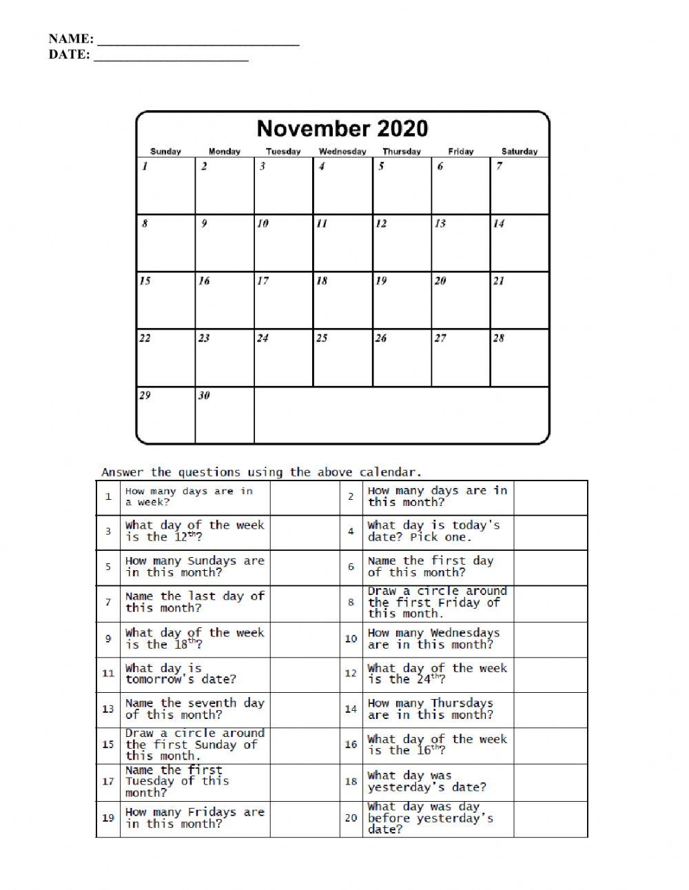 Calendar Math - November