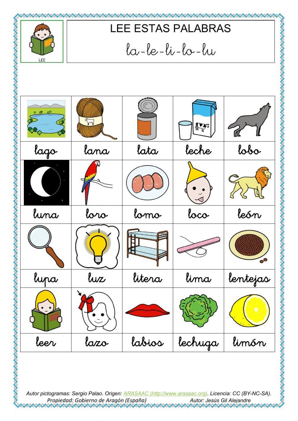 Lee estas palabras con la le li lo lu