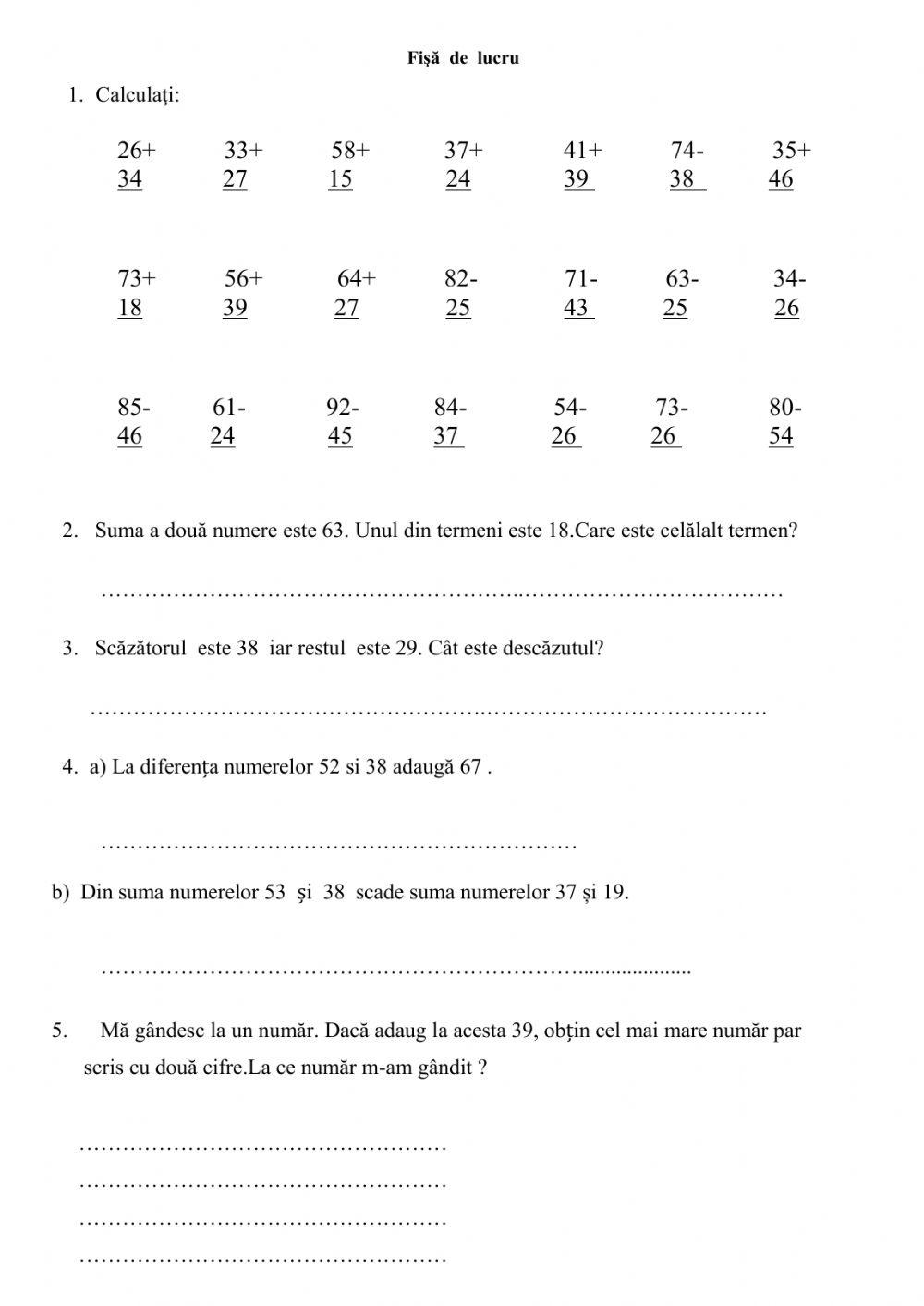 Adunări și scăderi , cu numere de la 0 la 100