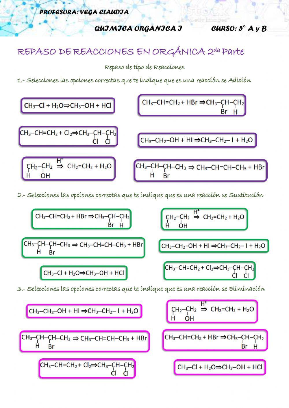 Tipo de reacciones organicas