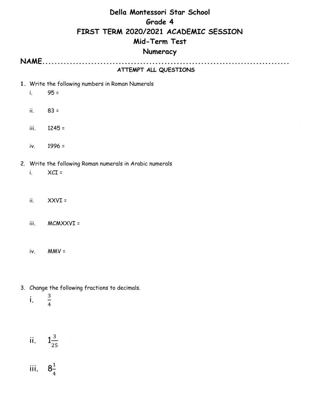 Grade 4 numeracy mid term test