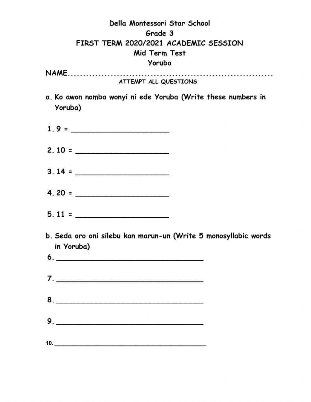 Grade 3 yoruba mid term test