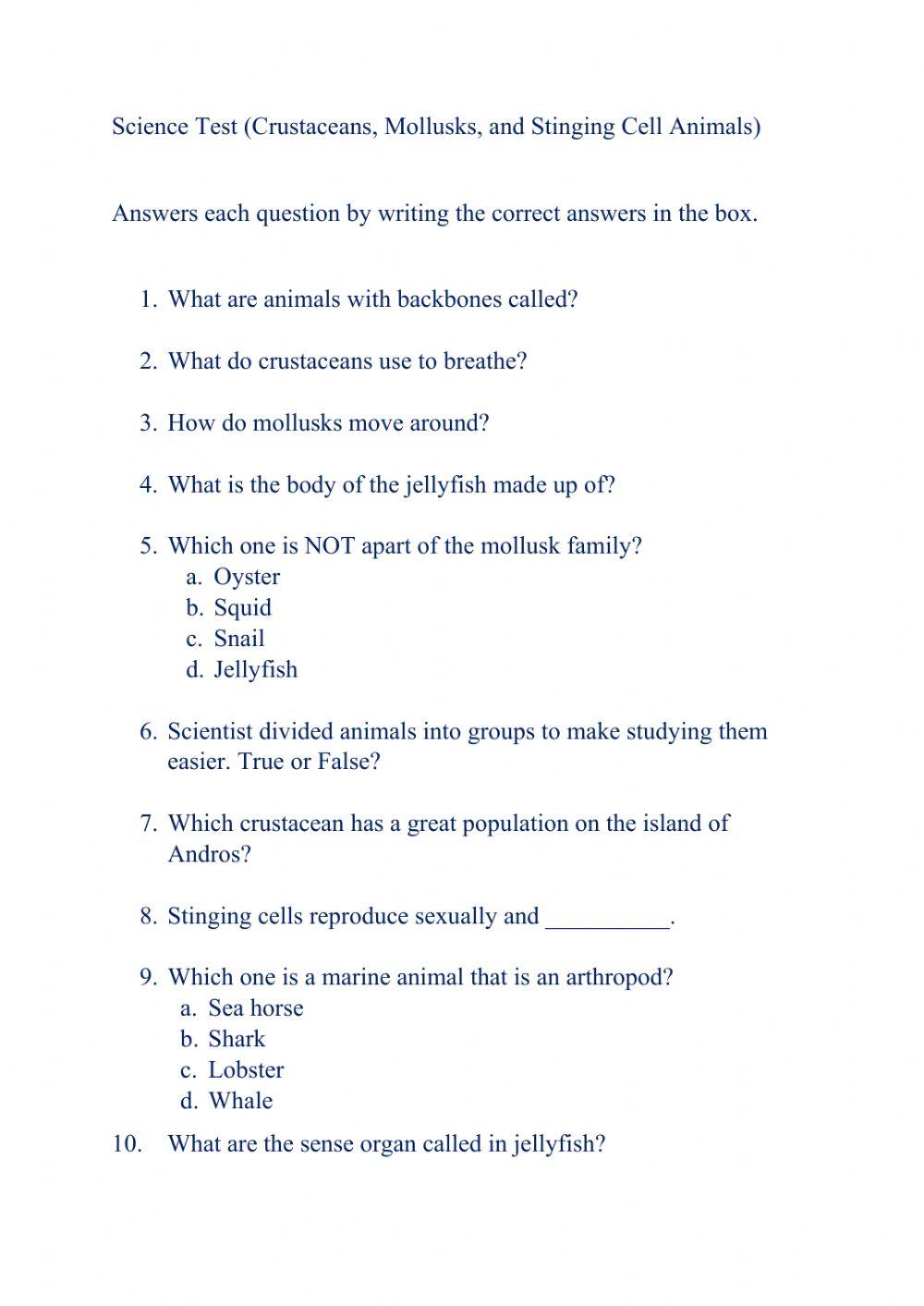 Test (Crustaceans, Mollusks, Stinging cells)