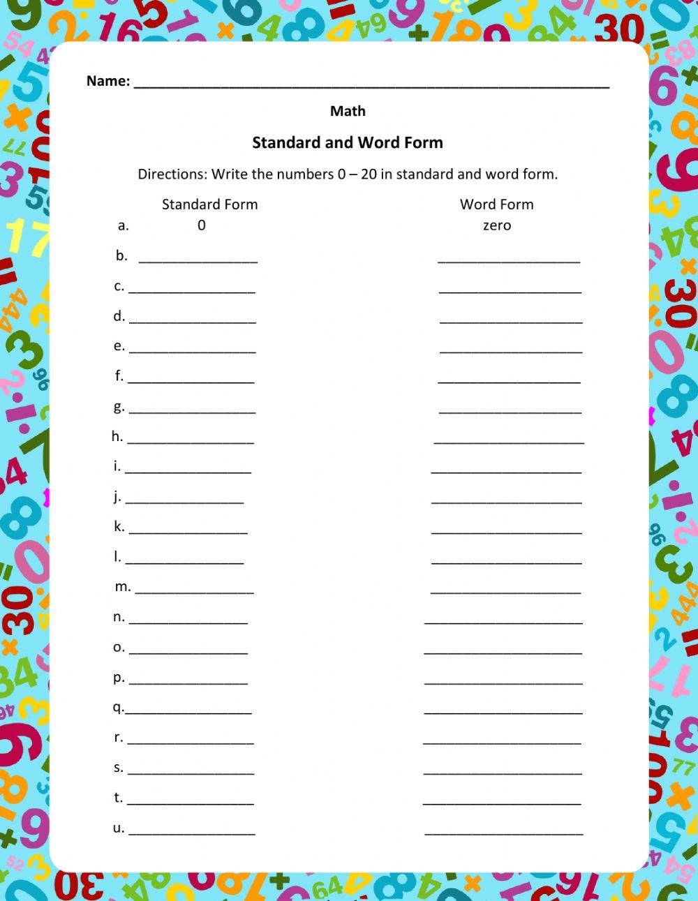 Standard and word form activity live worksheets