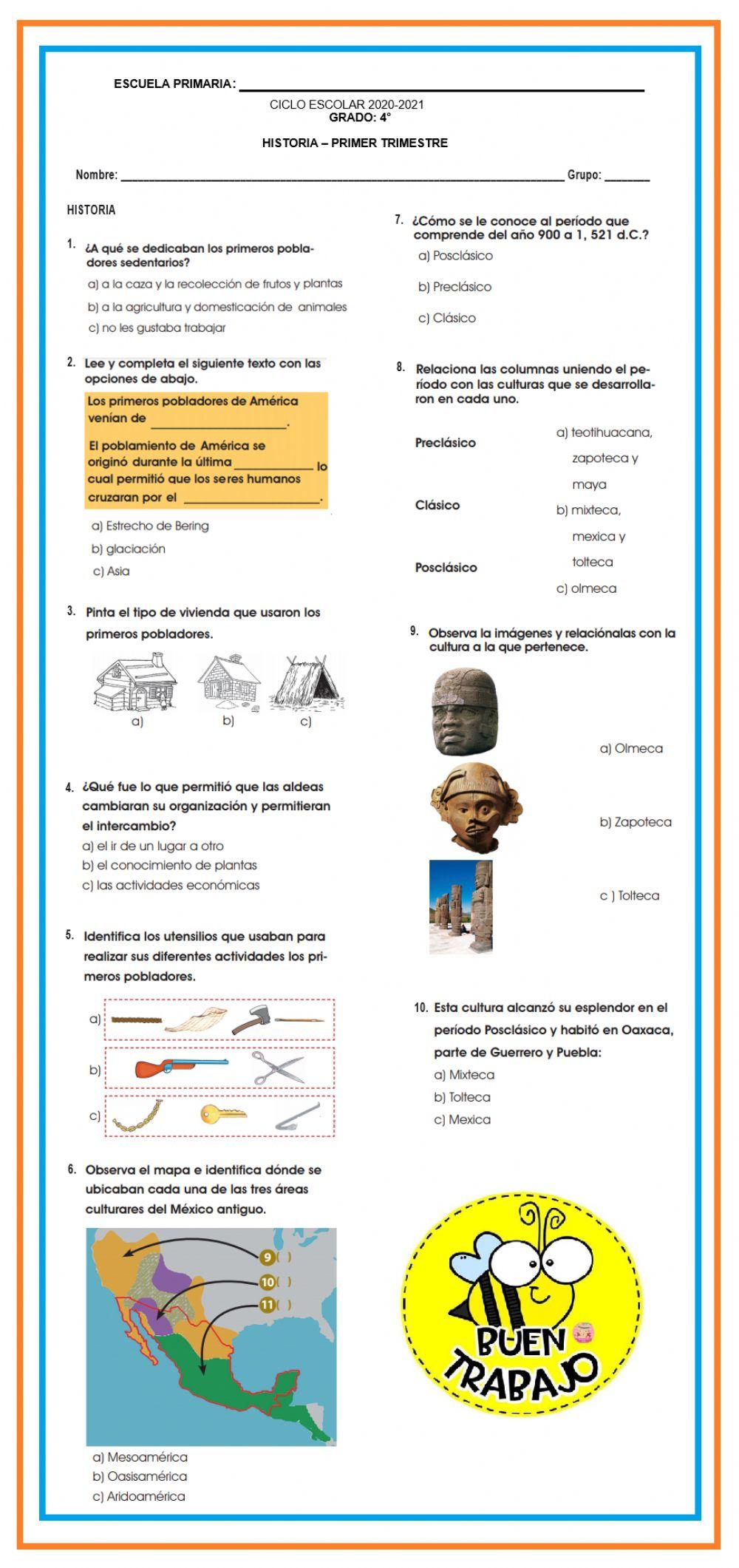 Examen de historia 4° grado-primer trimestre