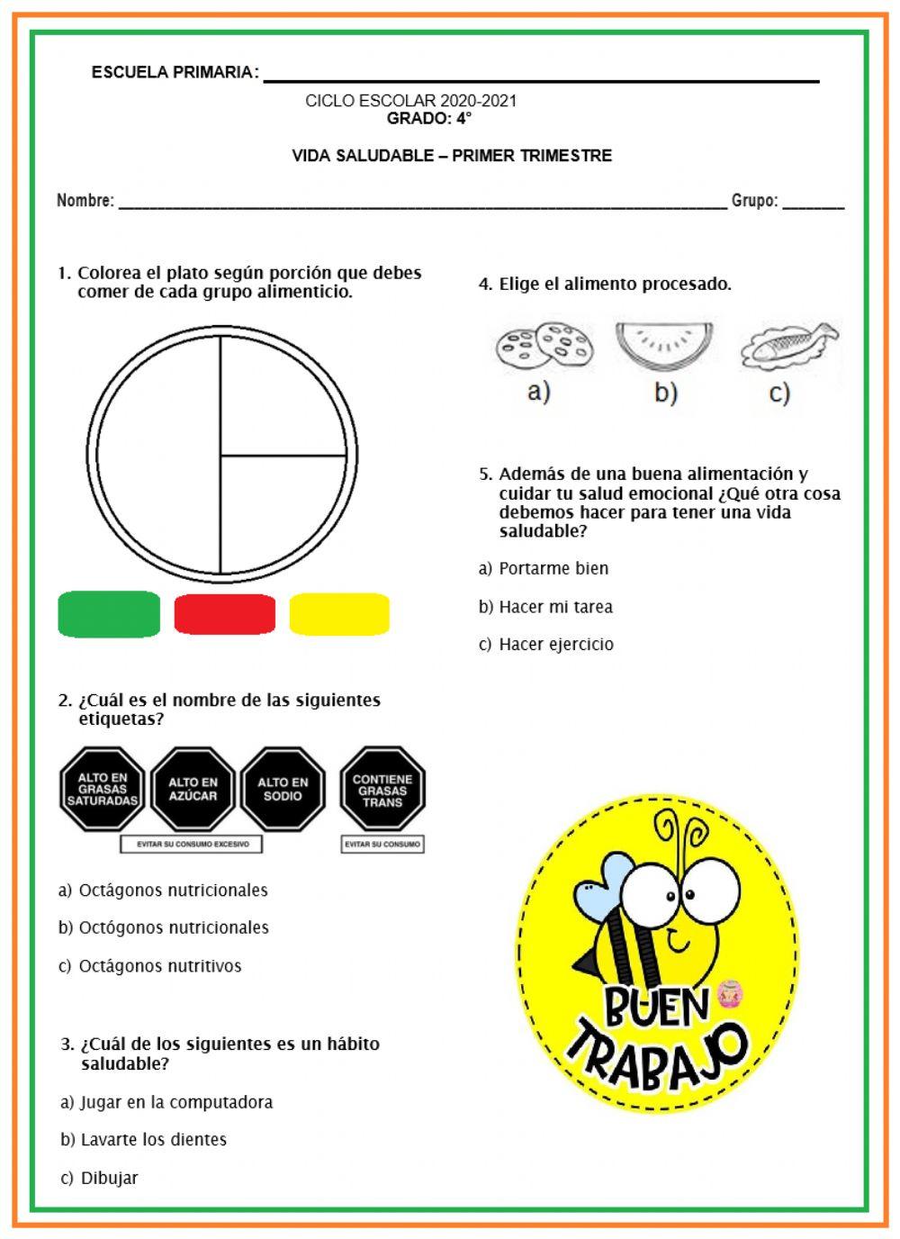 Examen de vida saludable 4° grado-primer trimestre