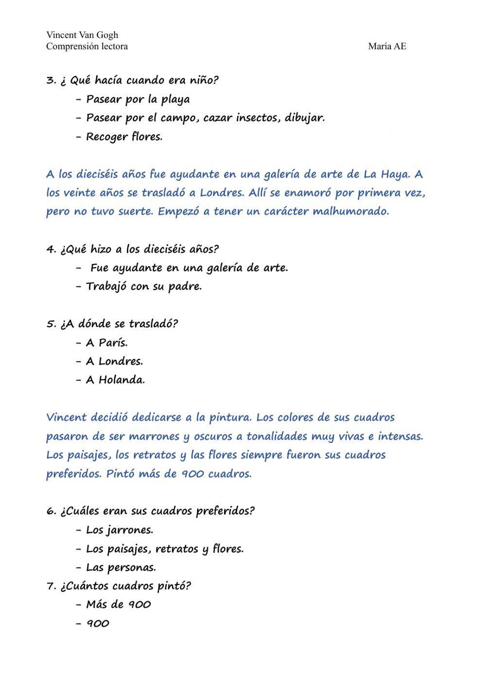 Comprensión lectora Van Gogh