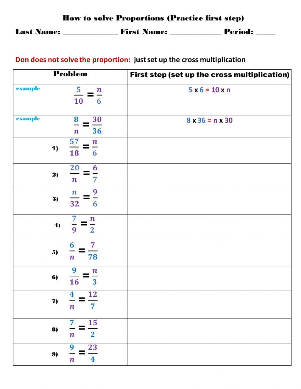 Solving Proportions - First Step worksheet | Live Worksheets