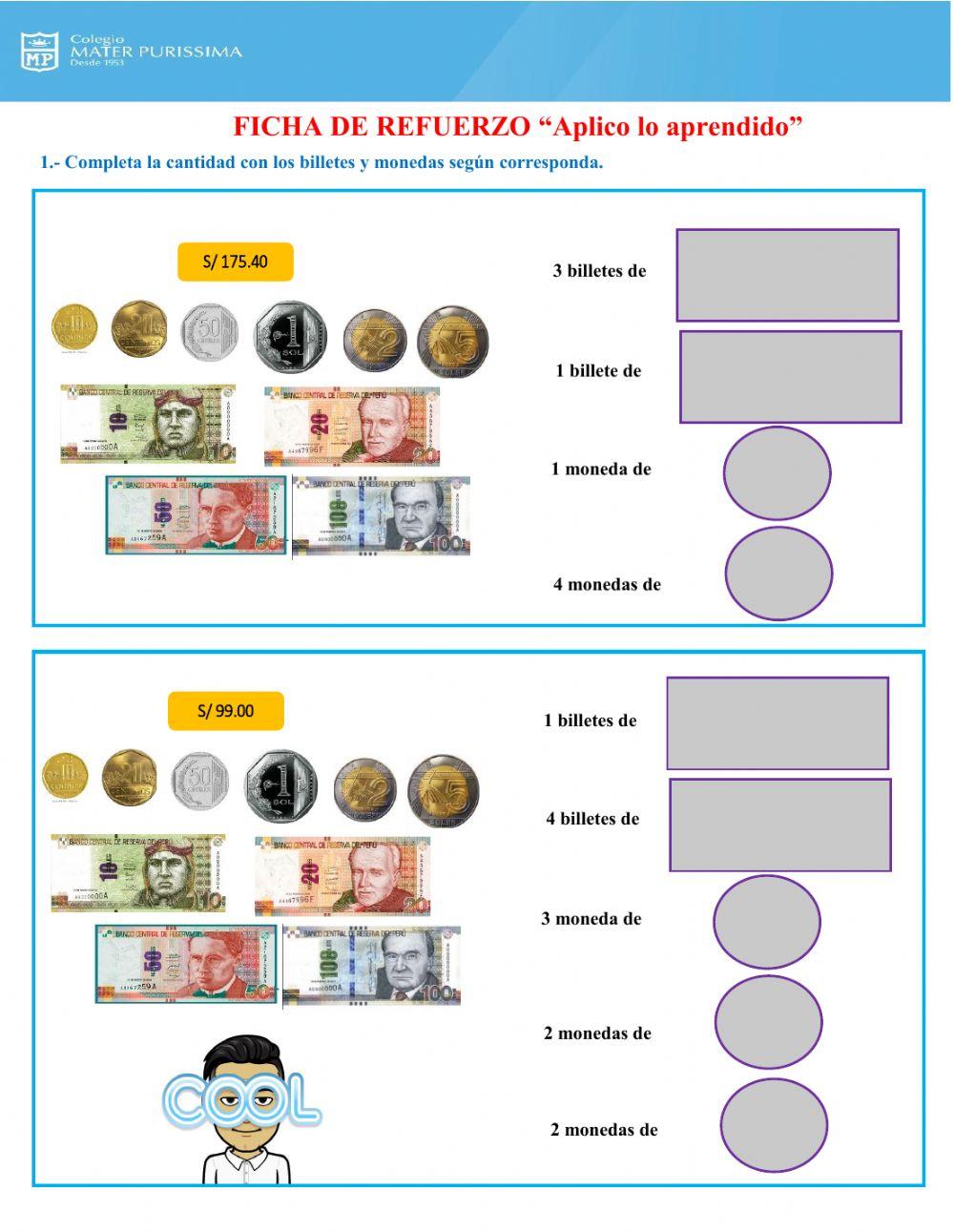 Ficha de refuerzo de equivalencia de billetes y monedas