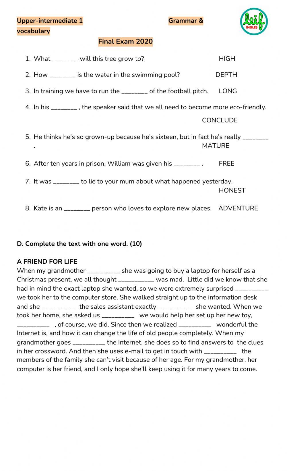 Upper 1 FT grammar and voc