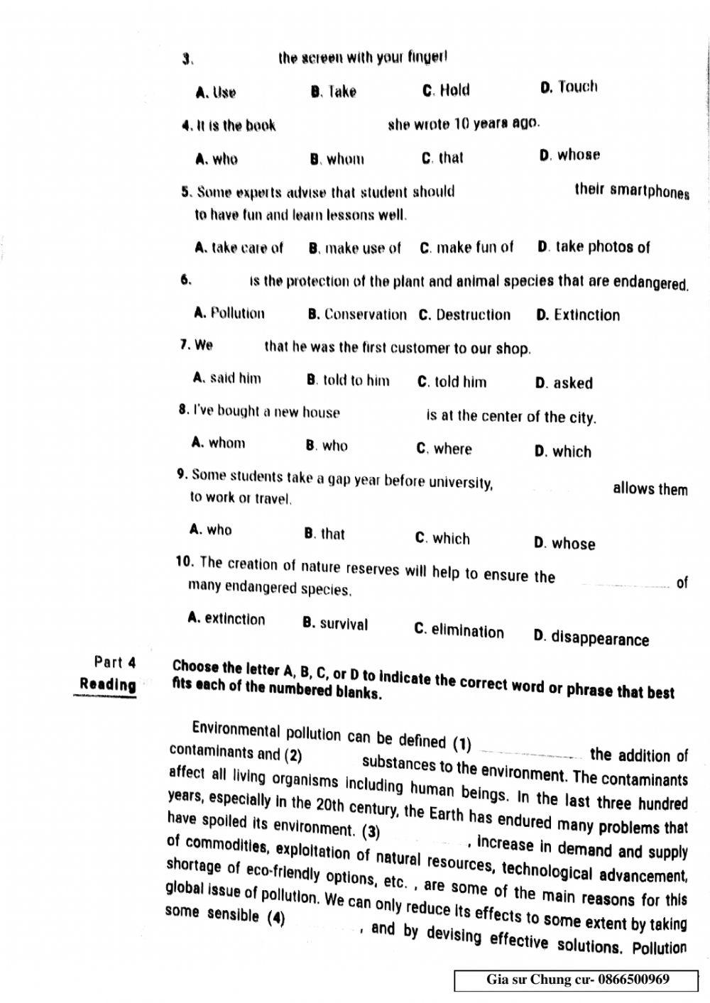 Lớp 10 - Kiểm tra 45 phút Unit 8,9