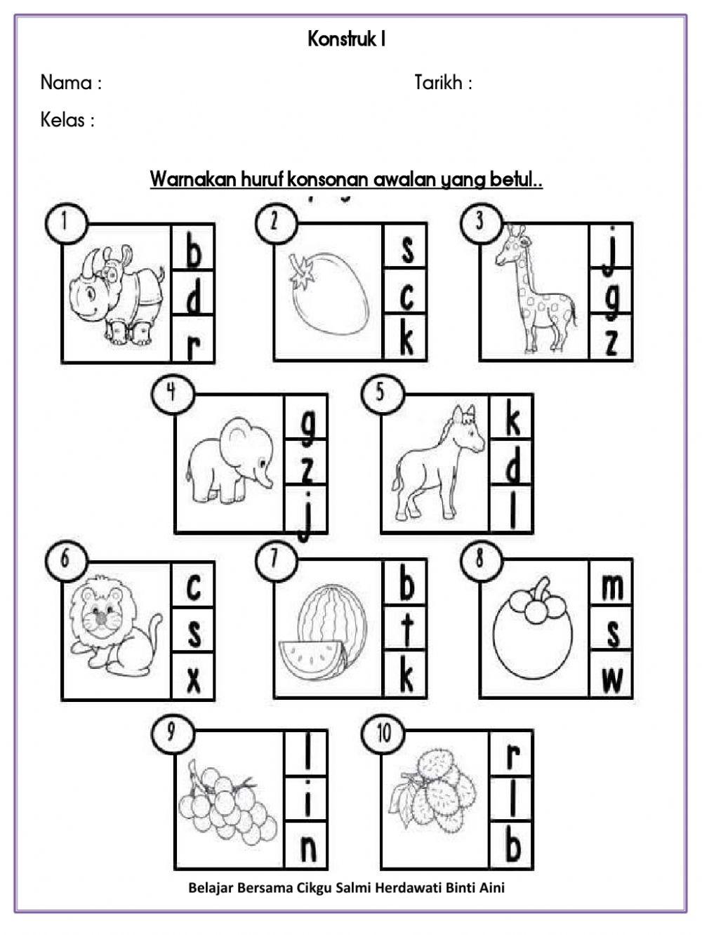 Konstruk 1 : Warnakan huruf konsonan awalan yang betul.