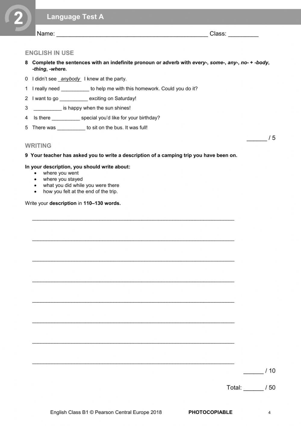 English Class b1 unit 2 test -30 Nov