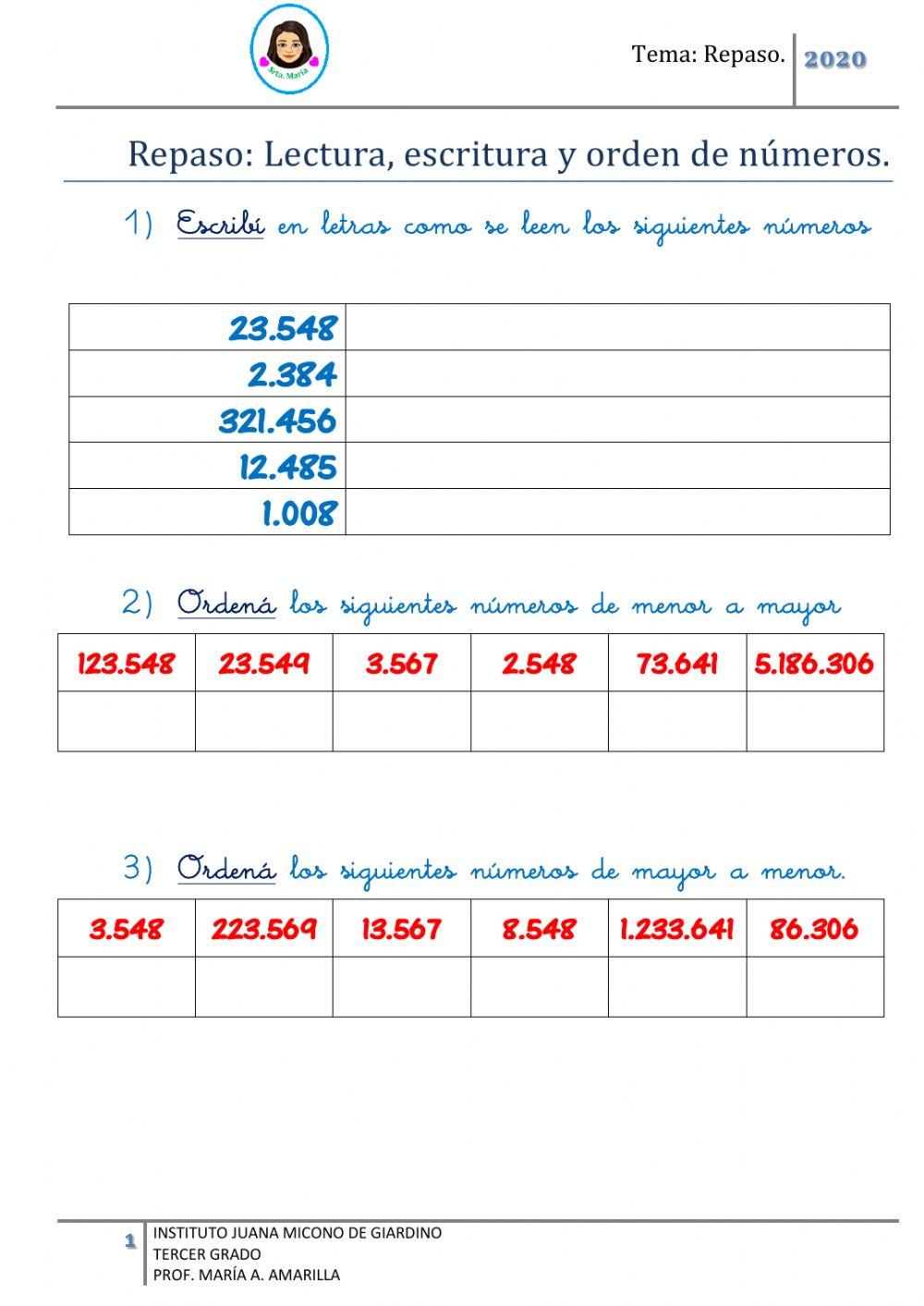 Lectura, escritura y orden de números