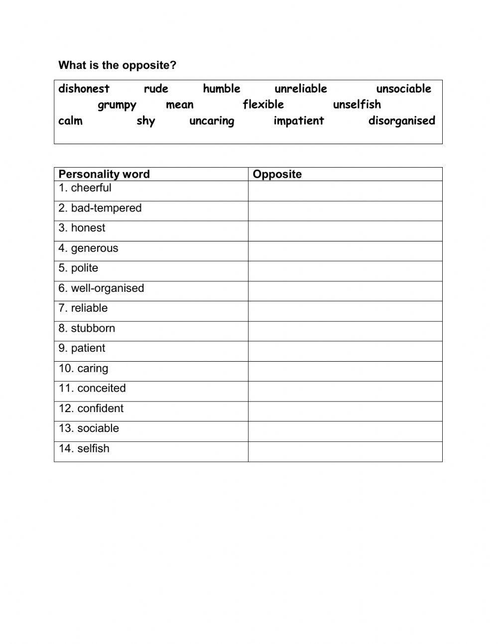 Personality adjectives and opposites