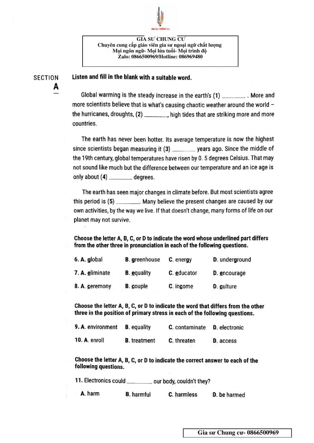 Lớp 10 - The second term test No 3