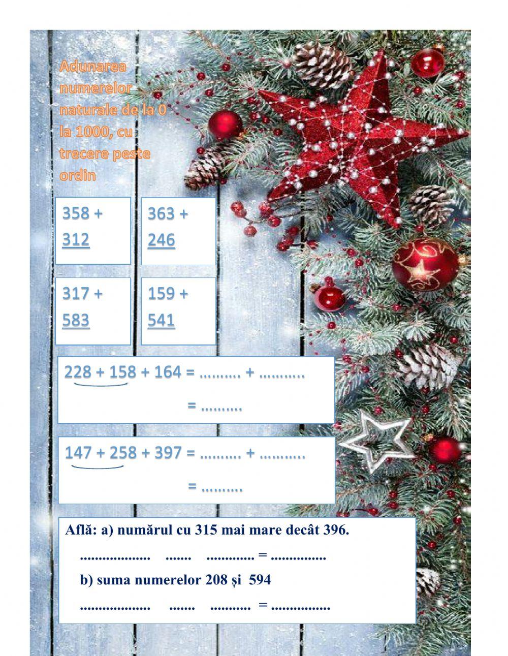 Exerciții de adunare a numerelor naturale de la 0 la 1000,  cu trecere peste ordin