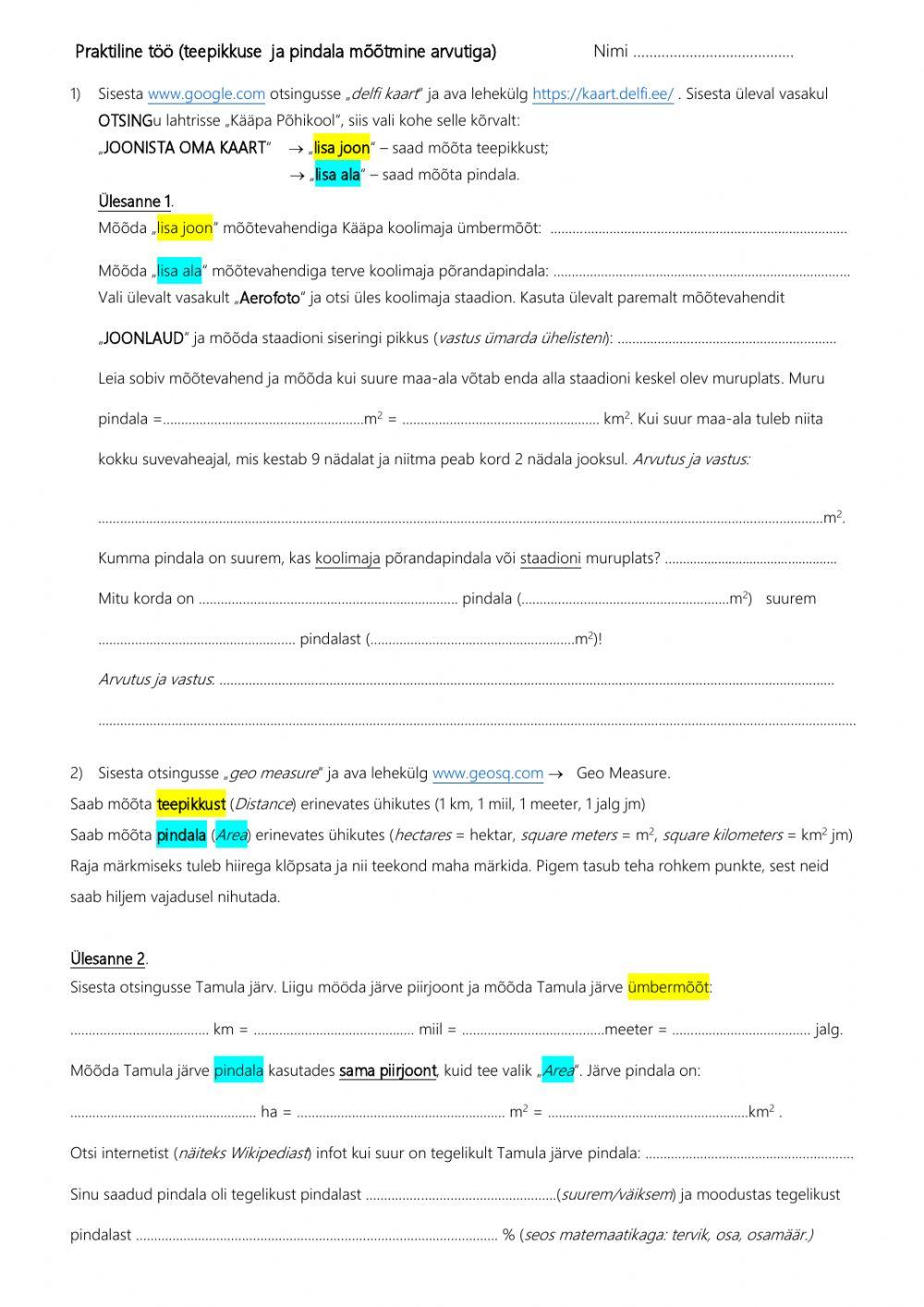 Teepikkuse ja pindala mõõtmine arvutiga