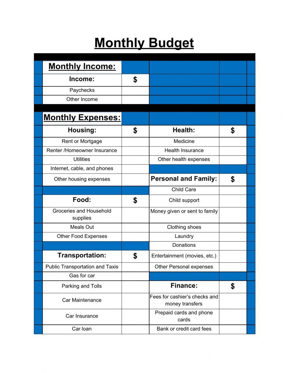Monthly Budget Sheet with Guide