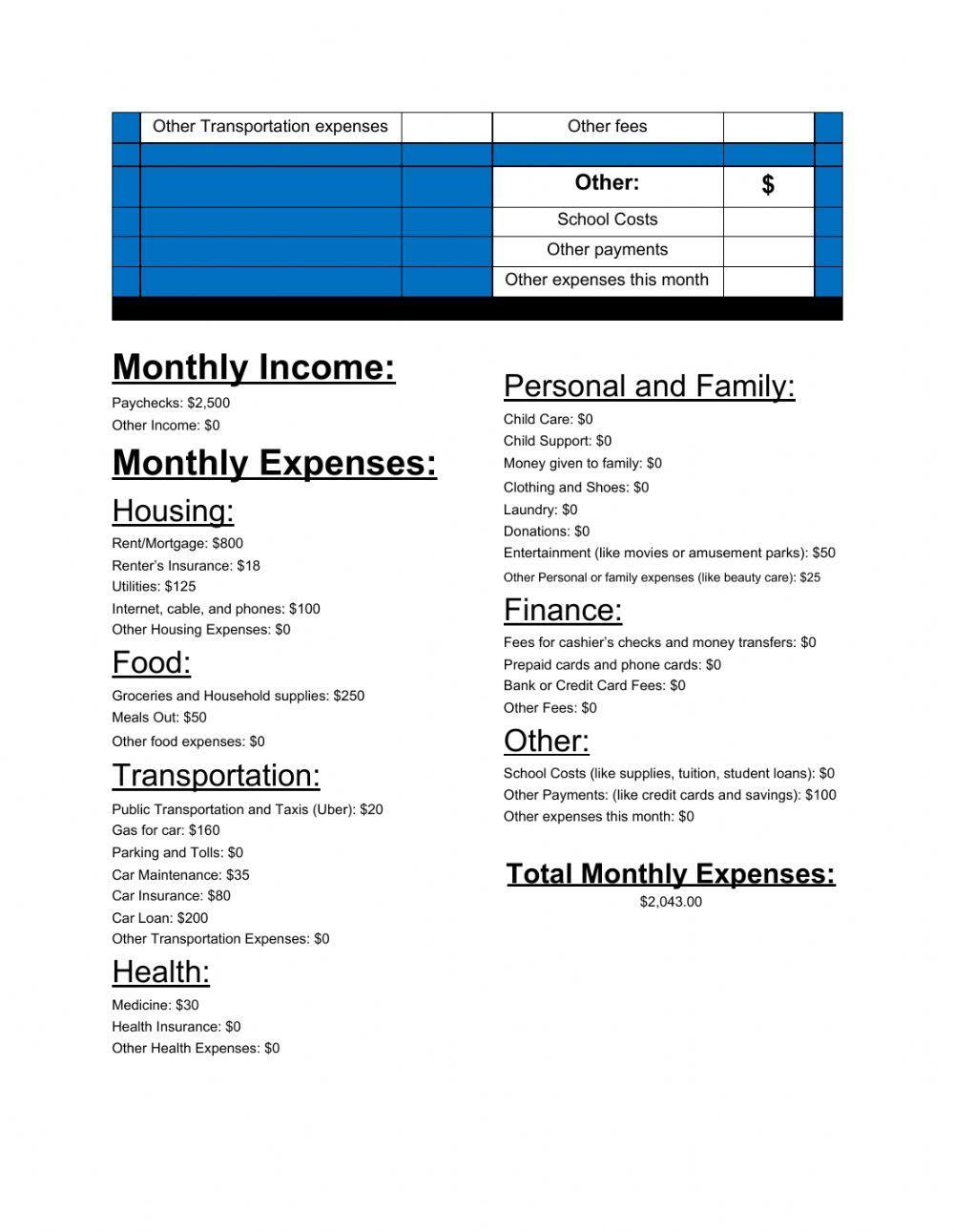 Monthly Budget Sheet with Guide