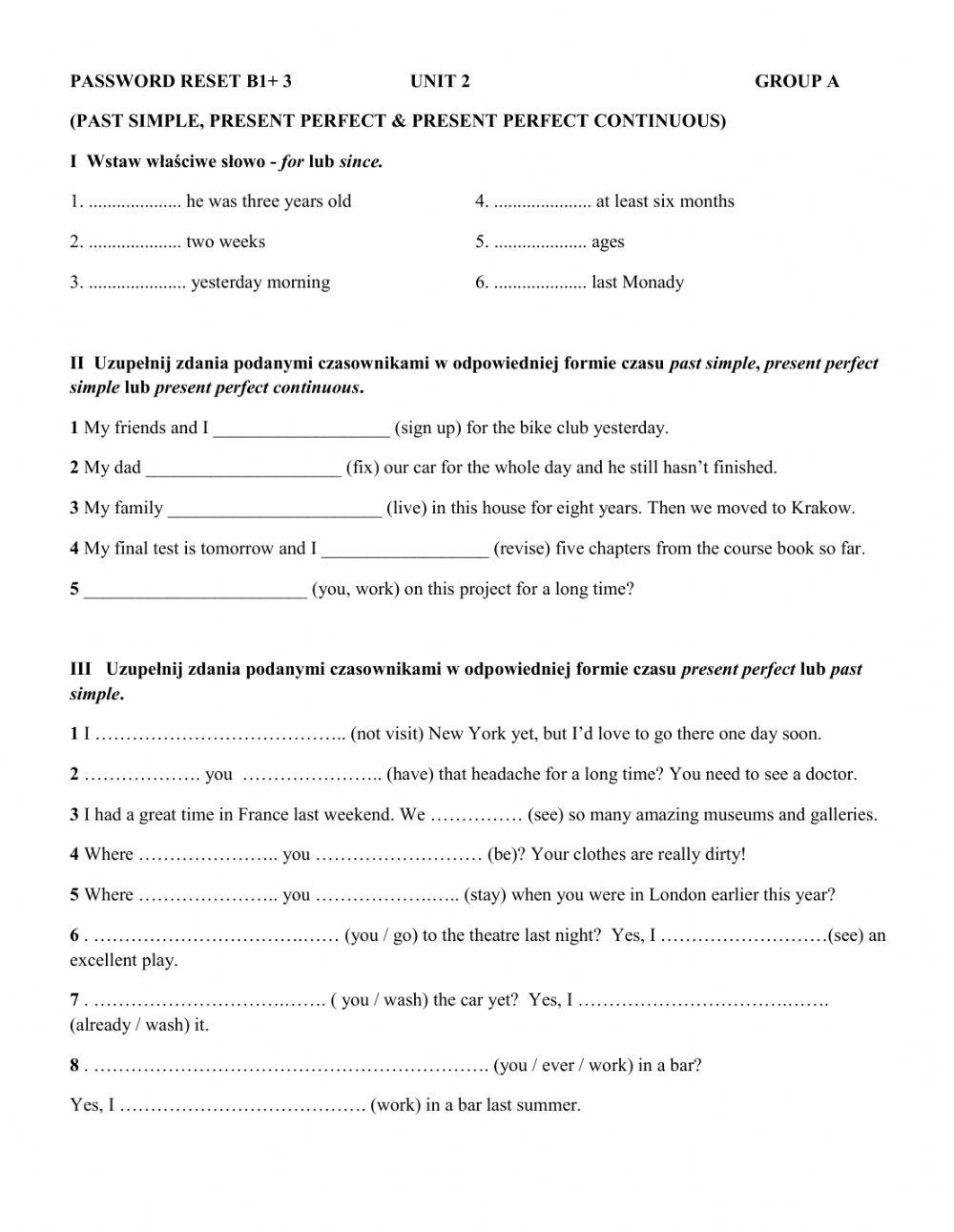 Password Reset B1   Unit 2 (grammar) online exercise for Live