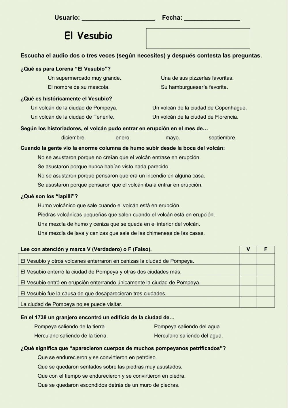 Comprensión oral. El Vesubio Comprensión oral. El Vesubio