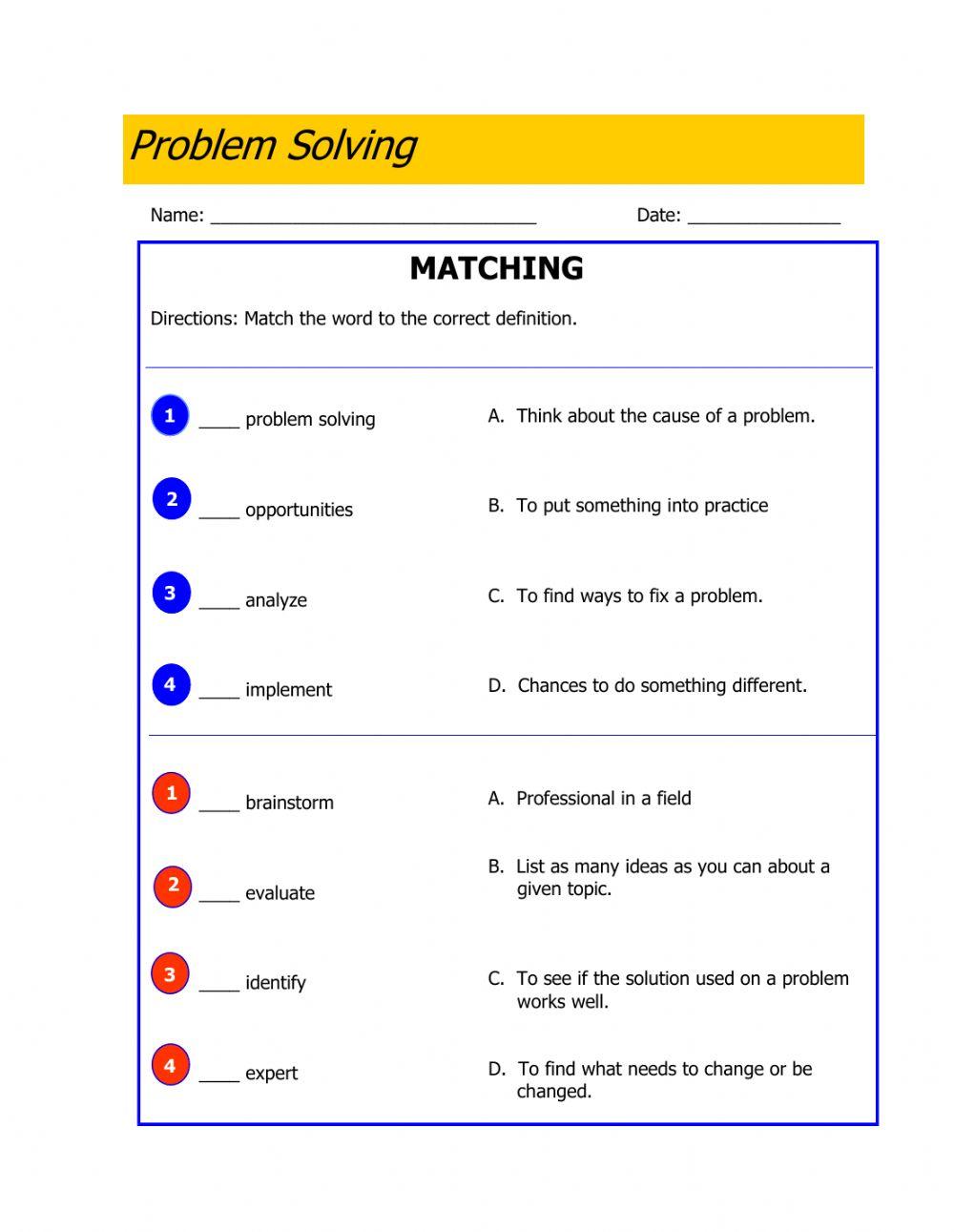 Problem solving matching worksheet | Live Worksheets