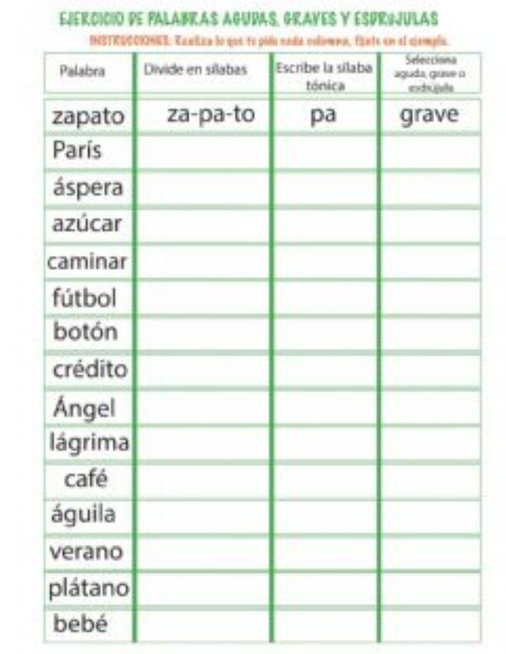 Separa en sílabas e indica