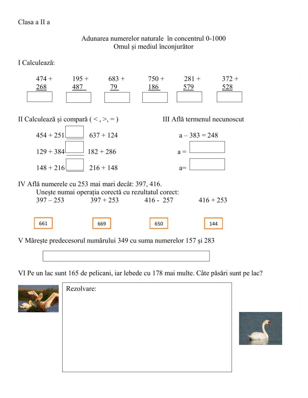 Adunarea numerelor naturale în concentrul 0-1000. Omul și mediul înconjurător