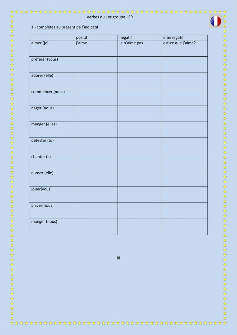 Verbes du 1er groupe positif,négatif,interogatif