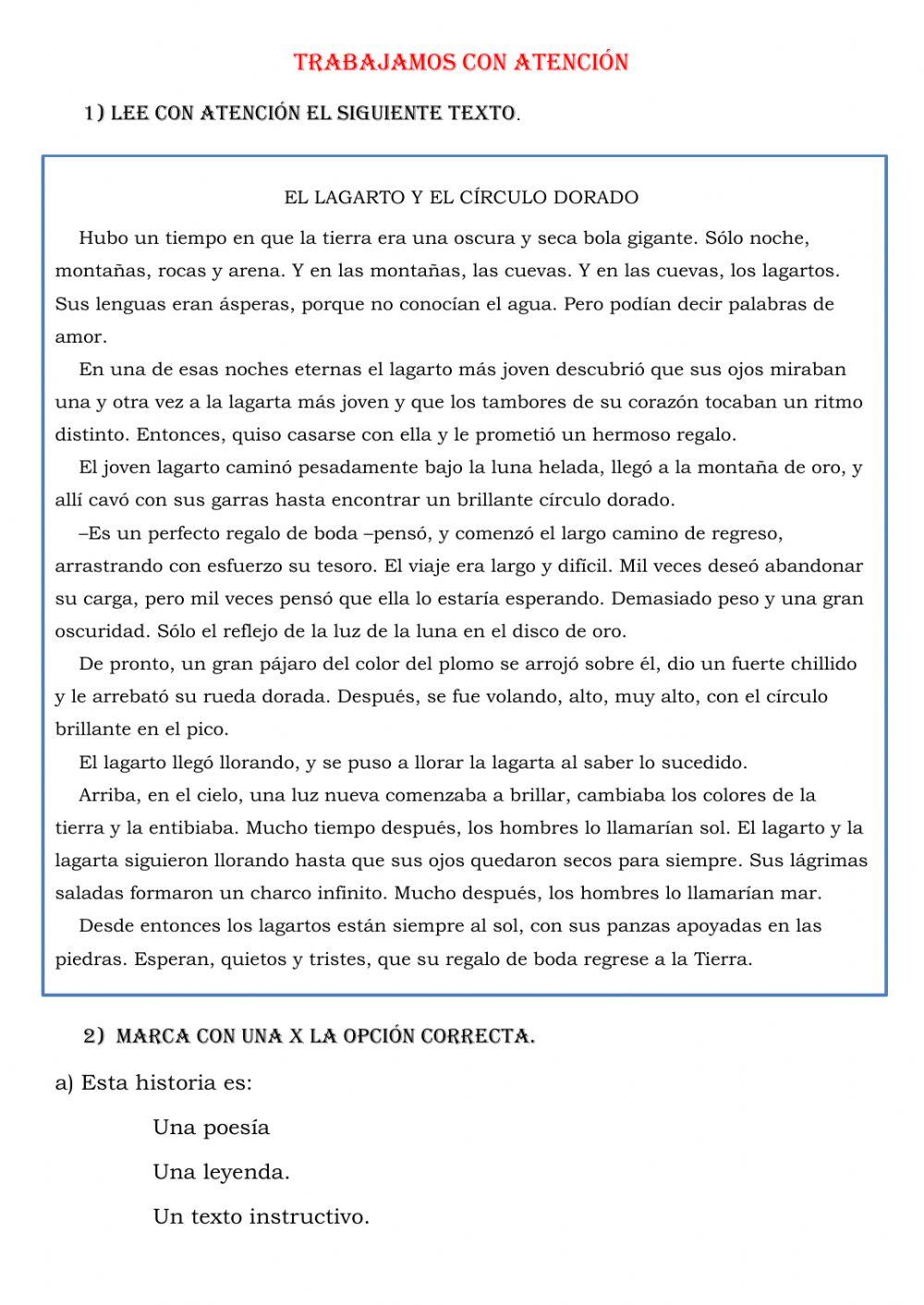 Comprensión lectora - Leyenda El lagarto y el círculo dorado