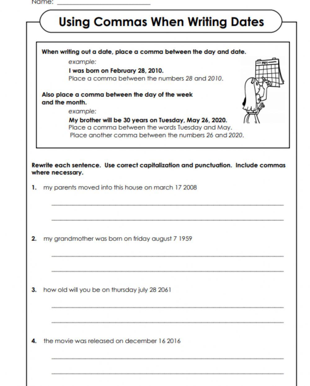 Commas : dates in sentences online exercise for Live Worksheets