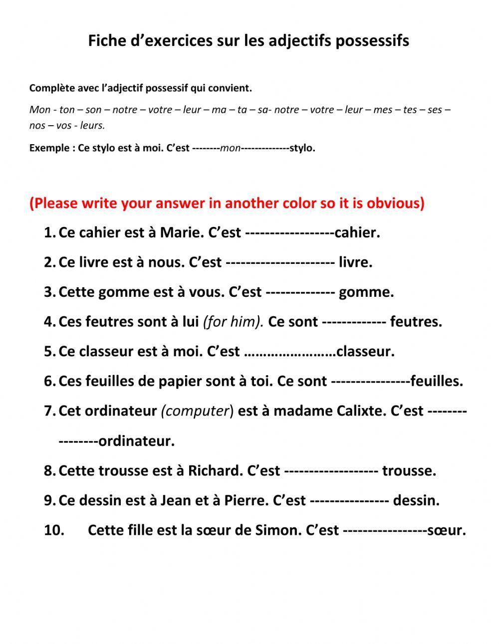 Déterminants Possessifs Les adjectifs possessifs exercise for Grades 7 to 12 | Live Worksheets