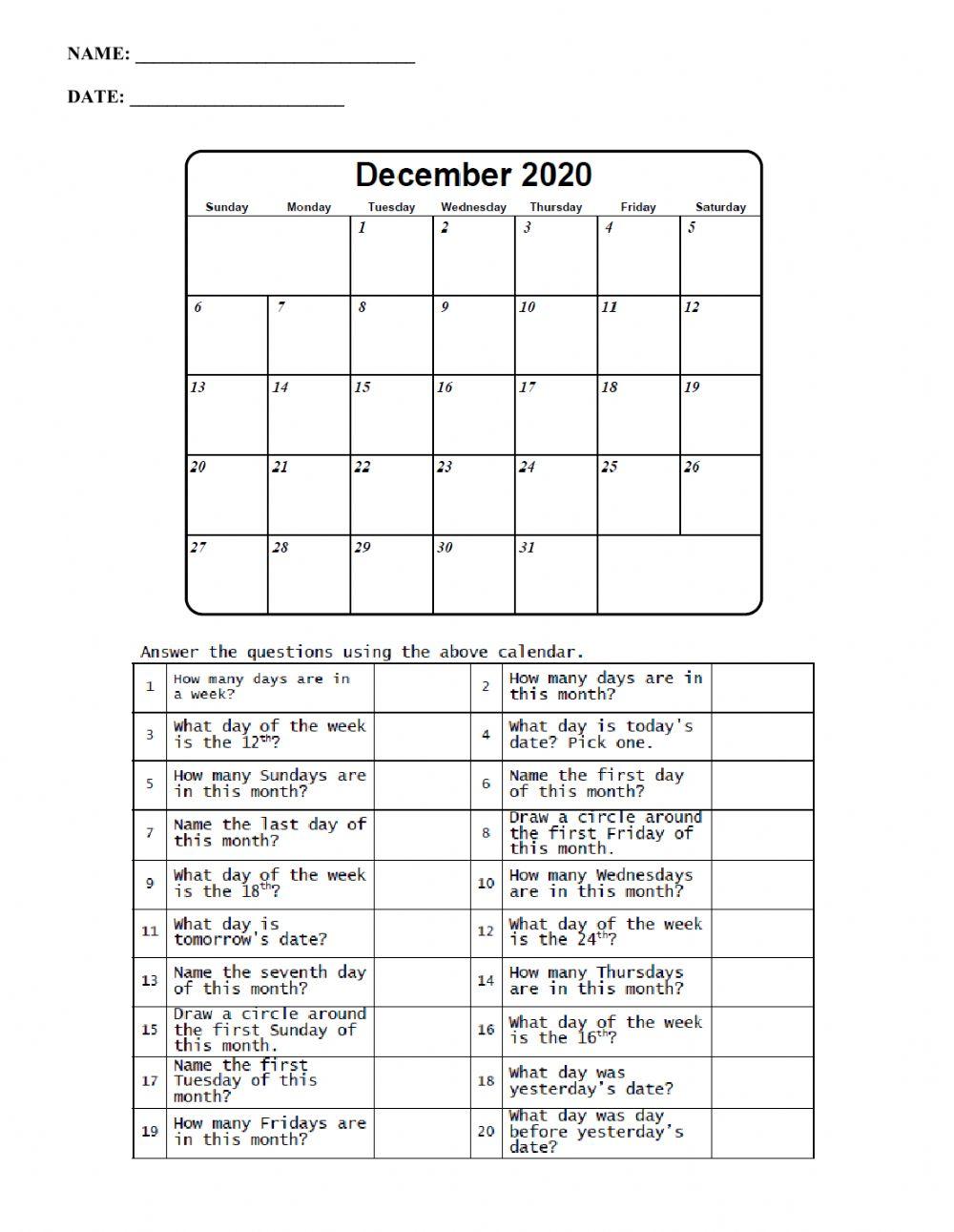 Calendar Math - December 2020