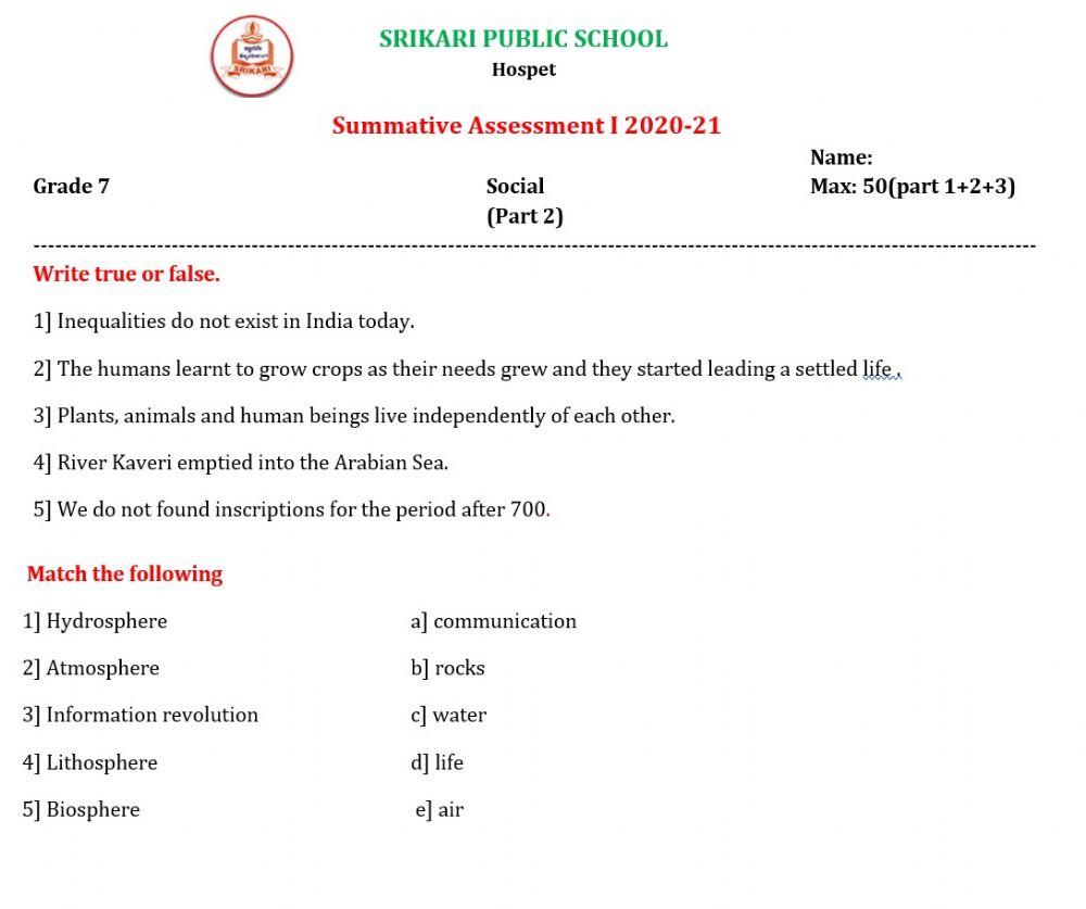 Srikari Public School VII std Social SA 1 Part 2